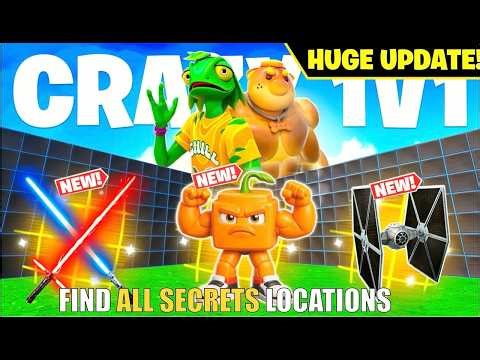 CRAZY 1V1 FFA ALL GUNS & RIDES MAP FORTNITE CREATIVE (PART 65) - FIND ALL SECRETS LOCATIONS