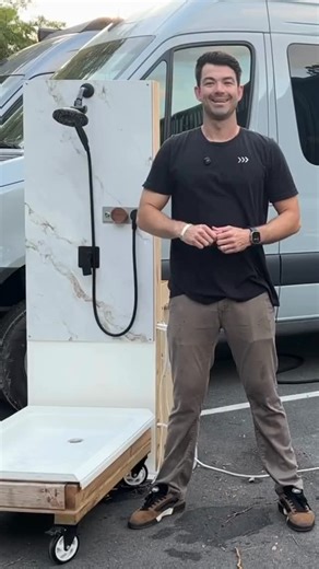 The official Infinity Shower demo - now you can take long hot showers in your van using less than a gallon of water at the press of a button. Full YouTube video on YouTube #recirculatingshower #vanlife #conservewater #gofurtherstaylonger | The Infinity Shower