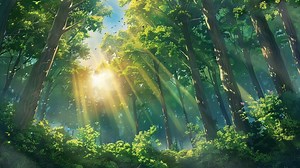 Download sun rays through the forest. Japanese anime illustration painting style for free