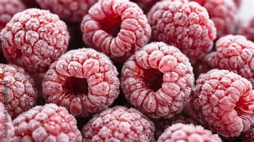 Frozen raspberries covered with frost in close up showing fresh winter organic fruit texture macros