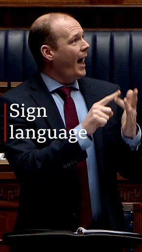 Communities Minister Gordon Lyons has used sign language in the Stormont Assembly to introduce the second stage of the Sign Language Bill. The bill recognises and promotes both British Sign Language and Irish Sign Language. Mr Lyons was addressing members of the deaf community who were sitting in the gallery. #bbcnewsni #northernireland #bbcnews | BBC News NI