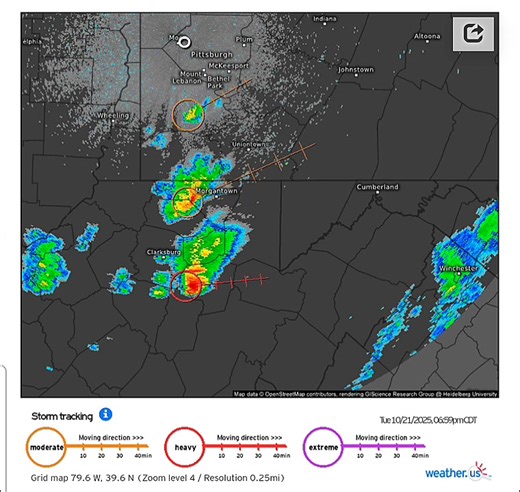 Radar 8:30pm EST Severe T-Storm Warning southern Preston and Tucker County Strong winds, hail associated with these storms. 10/21/25 | Allegheny Mountains Weather