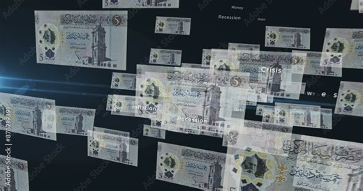 Libya dinar 5 LYD banknote loop. Flying between transparent money Libyan note. 3D seamless looped abstract concept of business, economy, finance, crisis and banking.