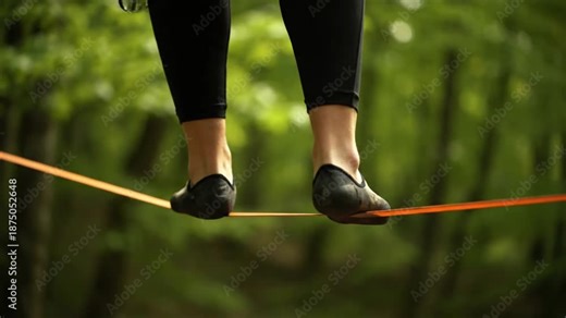 Close-up of Feet Balancing on Slackline in Forest for Outdoor Fitness and Sport