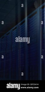 Animation of statistical data processing against empty computer server room. Computer interface and business data storage technology concept