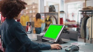 Clothing Store Checkout Cashier Counter: Stylish Female Retail Sales Manager with Afro Hair Working at a Cash Point with Money Register Computer with Green Screen Chroma Key Mock Up Display.