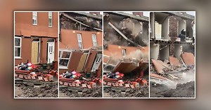 Dramatic footage captures moment house fronts crumble and collapse into street