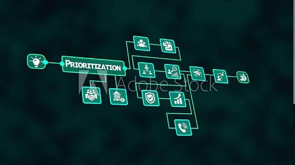 Strategic Prioritization Process Diagram with Neon Workflow Icons Showing Task Ranking, Resource Allocation, Time Efficiency and Business Planning Optimization Model.