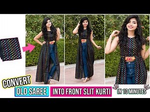 DIY: Convert Old Saree\\Fabric Into Front Slit Dress\\Kurti (Version 2) in 10 Minutes