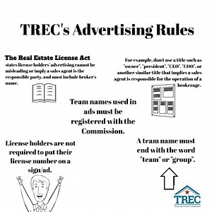 A 46-second reminder on some of TREC's advertising rules: 📜The Real Estate License Act states license holder's advertising cannot be misleading. ❌Using a title such as "owner" implies a sales agent is responsible for the operation of a brokerage. 👍License holders aren't required to put their license number on an ad. ✏️A team name must end with the word "team" or "group". ✅Team names used in ads must be registered with the Commission. Use this form: https://www.trec.texas.gov/forms/notice-team-