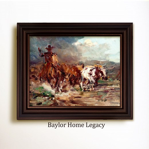 Framed Cowboy on a Cattle Drive Oil Painting Print on Canvas, Vintage Longhorn Steer and Cowboy Artwork - Etsy