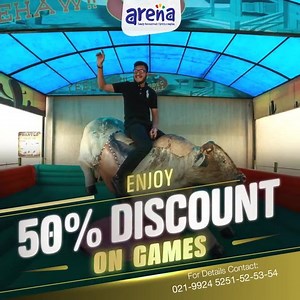 Arena proudly announces 50% discount on Games. Timings: Monday to Thursday 1:00 PM to 11:00 PM Friday & Saturday 1:00 PM to 12:00 AM Sunday 12:00 PM to 11:00 PM For further details and queries, feel free to call us at 92 (21) 9924 5251-54 #Arena #Games #Paintball #Bowling #IceSkating #Xbox #Cricket #BullRide #MountainClimbing #Karachi #Pakistan | Arena