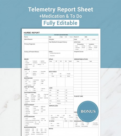 Editable Cardiac Nurse Report Sheet Telemetry Nurse Brain Report Sheet Med Surg Nursing Shift Report SBAR Nurse W/ Vent Setting, Canva & PDF - Etsy
