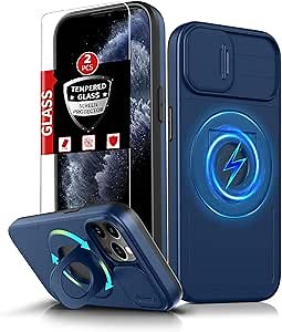 Magnetic for iPhone 11 Pro Max Case Compatible with MagSafe with Wireless Charging,with 2 Screen Protectors,Built-in Kickstand & Camera Cover Shockproof Protection iPhone 11 Pro Max Case Blue
