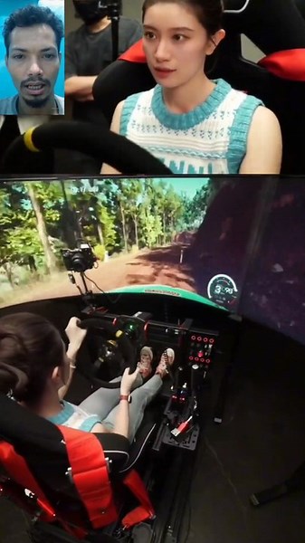 Beautiful Woman Playing Rally Game on Epic Sim Racing Rig