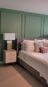 This 20' wall needed SOMETHING! Adding the moulding is exactly what it needed! Color is: Bitter Sage by @behrpaint #moulding #behrpaint #womenwhobuild #womenentrepreneurs #bedroomfeaturewall #bedroominspo #bedroomaccentwall | Brushstrokes & Timber