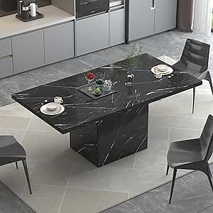 HSH 55" Black Faux Marble Dining Table for 4, Rectangle Dining Room Table | Modern Kitchen Table with a Heavy-Duty Pedestal Base; Seats 4, Ideal For Meals, Work and Gatherings, Table Only