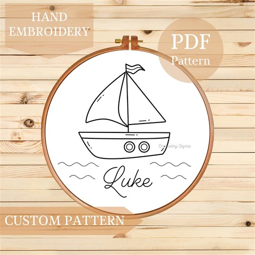 Sailboat Hand Embroidery Pattern, Nautical Boat Design, Custom Name Nursery Embroidery PDF