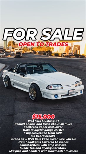 Champ on Instagram: "1993 Ford Mustang GT Rebuilt engine and trans about 4k miles Edelbrock upper and lower Dakota digital gauge cluster 5 lug conversion from sn95 5.0 Cobra breaks Brand new 17x9 Gold Face Luxor wire wheels New headlights Lowered 1.5 inches Sound system with amp and sub Suede Top and Styling Bar Stock Mid pipe and headers with flowmaster mufflers #mustanggt #fordmustang #foxbody #mustangconvertible #menace2societymustang"