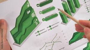 Businessman focus about using alternative energy making eco building in company, analyze green power usage graph and clean technology chart for decreasing carbon footprint to save earth. Delineation.