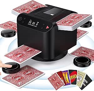 2025 Automatic Card Shuffler and Dealer 2-in-1, 2-12 Players Card Dealer with 4 Wireless Remote, 360° Rotating 2 Decks Card Shuffler for UNO, Poker, Texas Hold'em, Monopoly, Blackjack