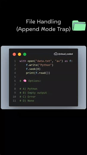 Aʟғᴀɪᴢ on Instagram: "This one tests deep file-handling understanding 👀 When you open a file using "a+": The file pointer starts at the end (append mode). f.write("Python") writes at the end of the file. f.seek(0) moves the pointer back to the start. Now f.read() reads the entire file content — including what you just wrote. That’s why the output is: Python ⚠️ Important takeaway: Without seek(0), read() would return nothing. File pointer position matters more than the mode itself. Can you guess
