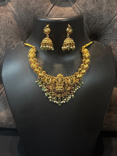Antique Gold Plated Indian Jewelry Set, Indian Choker, CZ Necklace, Guttapusalu Necklace, Earrings, Temple Jewelry, South Indian Jewelry - Etsy