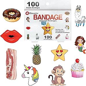 BioSwiss Bandages, Assorted Animal, Fun, and Food Shaped Self Adhesive Bandage Set, Latex Free, Sterile Wound Care, 100 Count