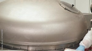 Meat production, the process of making minced pork meat, food production line, mixing minced meat.