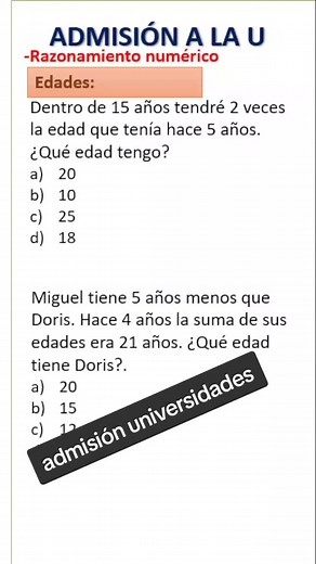 vamos con ejercicios de edades. #examendeadmisión #examen #psicotecnico #razonamientomatematico #cole #vamosalau #matefacil #aprendematematicas #profedan #senescyt #utm #uce #uta #utc #admision