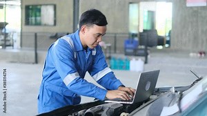 Mechanic Asian man using laptop computer examining tuning fixing repairing car engine automobile vehicle parts using tools equipment in workshop garage support and service in overall work uniform