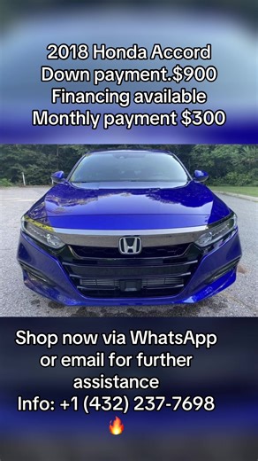 2018 Honda Accord Down payment.$900 Financing available Monthly payment $300 Miles 78k Clean title Financing available Automatic drive Tinted windows Leader seats hondaaccord #carreview #carbuying #usedcar #automotivetips #carenthusiast