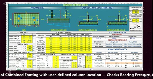 FOUNDATION DESIGN EXCEL (EXE) PROGRAM/APPLICATIONS ( ISOLATED, COMBINED & STRAP FOOTING ) Code References : NSCP 2015, ACI 318-14 System of Units : Metric ISOLATED FOOTING DESIGN EXCEL (EXE)/APPLICATION ( CONCENTRIC / ECCENTRIC ) -Concentric or Eccentric Footing (Column on Center, Edge or Corner option) -Serviceability Check (Bearing Pressure, Overturning, Sliding and Uplift) -User preferred Bar size and Spacing -Shear Check ( One-way & Punching ) -Scaled Graphical presentation of Footing Soil p
