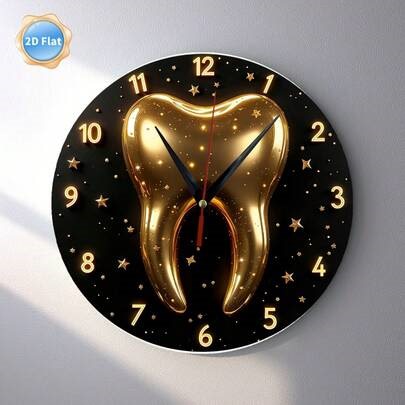 1 2D Flat 10inch Shiny Big Gold Tooth Star-Themed Silent Wall Clock | Quartz Movement, Suitable For Living Rooms, Apartments, Dormitories, And Kitchens, A Perfect Gift For Women And For Father's Day, Requires AA Batteries (Not Included),Battery Operated Wall Clock,Battery Wall Clock,Silent Wall Clock,Reloj De Pared,Room Decor,Clock | SHEIN