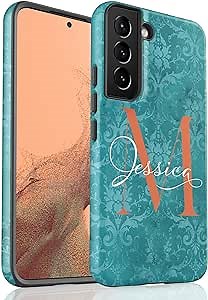 Turquoise Damask Personalized Custom Name Monogram Initial Case, Compatible with Samsung Galaxy S25 Plus, S24 Ultra, S23, S22, S21, S20, S10, S9, S8, Note 20, 10