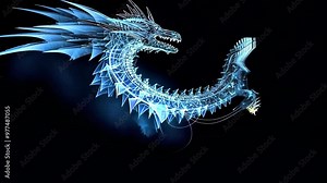 blue hologram angry dragon made plasma clot of energy, glowing rays with flickering particles, line and dots, tech futuristic dragon, science and technology, black background