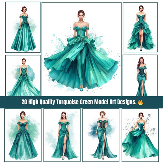 Turquoise Green Dress Model Watercolor Art Designs, Fashion Ladies, Instant Download - Etsy