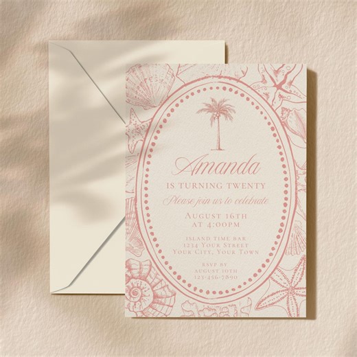 Pink Seashell Coastal Birthday Invitation Template, Editable Beach Bday Party Invite (Digital Download)