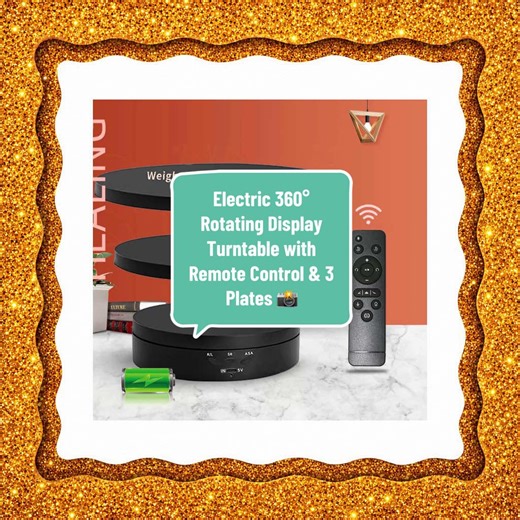 Electric 360° Rotating Display Turntable with Remote Control & 3 Plates 📸✨ Adjustable Speed Photography Stand UK Electric 360 degree rotating display turntable with three interchangeable plates designed for product photography live selling and content creation. Features remote control operation adjustable speed control and smooth silent rotation. Available in plug in model or upgraded rechargeable model with up to 4 to 7 hours battery life. Holds up to 5KG making it perfect for showcasing beaut