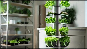 Nutrient-rich water is used to grow vertical lettuce in a hydroponic tower. Concept Nutrient-rich Water, Vertical Lettuce Growth, Hydroponic Tower, Benefits, Sustainable Farming..