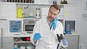 A bearded male scientist in a laboratory examines a slide while talking on the phone indoors.