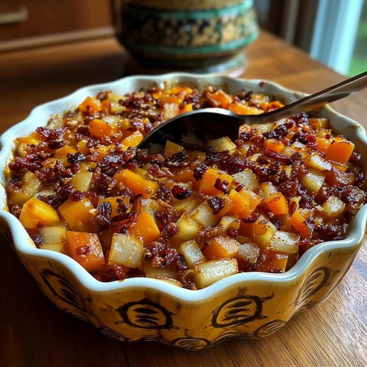 Butternut Squash Apple Bake 🍂✨ Sweet apples and tender butternut squash baked together with warm cinnamon, raisins, and pecans — a comforting dish that’s perfect for fall and the holidays. Ingredients • 1 ½ pounds butternut squash, peeled, seeded, and cubed • 2 Gala apples, peeled, cored, and diced • 1 tablespoon ground cinnamon • 1 teaspoon vanilla extract • 2 tablespoons brown sugar • 2 tablespoons butter, chopped • ½ teaspoon salt • ⅛ teaspoon black pepper • ¼ cup raisins • ¼ cup pecans, cho