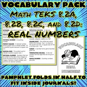 REAL NUMBERS Vocabulary Pack for 8th Grade Math TEKS