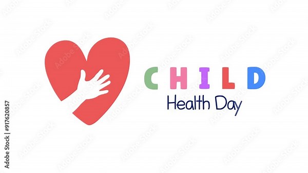 Animated text child health day with icon heart with hand. suitable to use for child health day Great to use for events and celebrations.