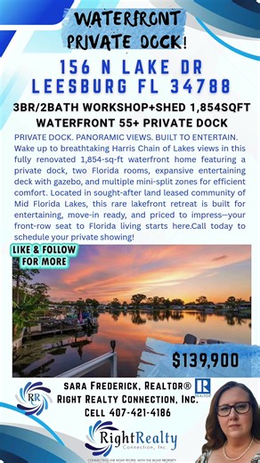 Imagine mornings on your private dock, afternoons entertaining across expansive Florida rooms and deck space, and evenings watching the sun set over the Harris Chain of Lakes—all in a 55 resort-style community designed for active Florida living. Fully renovated, move-in ready, and exceptionally rare, this breathtaking waterfront home delivers space, views, and lifestyle at a price that demands attention—schedule your private showing before someone else claims it. #FloridaWaterfront #SnowbirdLife