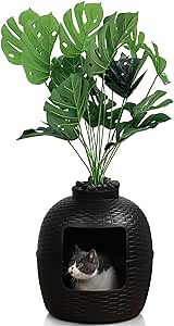 X WINDAZE Hidden Litter Box, Large Cat Box Enclosure with Odor Control Carbon Filter and Faux Plant, Black