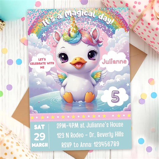Duckicorn Birthday Invitation, Rubber Duck Unicorn Party Invite (editable Canva) - Etsy