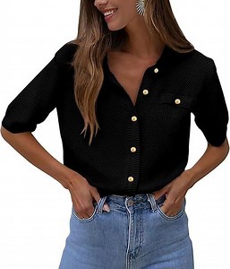 PRETTYGARDEN Women's Summer Button Down Shirts Casual Short Sleeve Crew Neck Ribbed Knit Blouse Top Cardigans