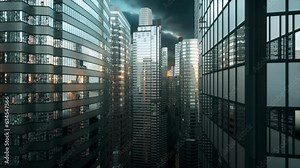 Close up on skyscrapers, camera moves up showing glass windows of office buildings.