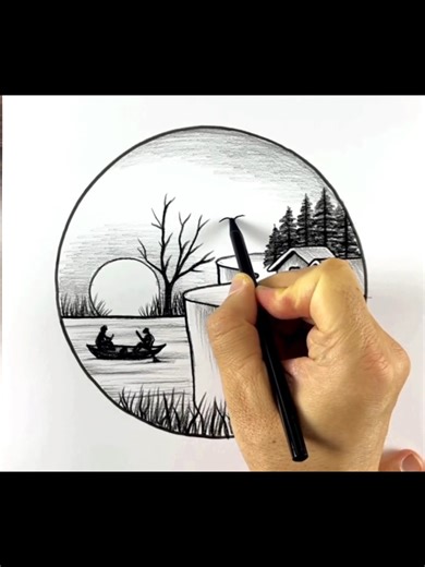 Cliffside Lake Landscape Drawing Tutorial